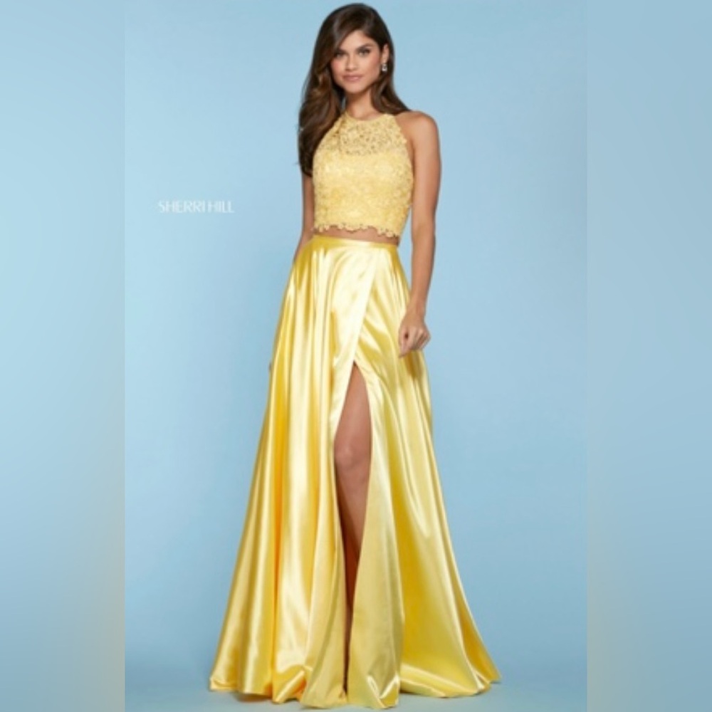 Sherri Hill Two piece dress with lace hight-cut halter top and satin Size 12